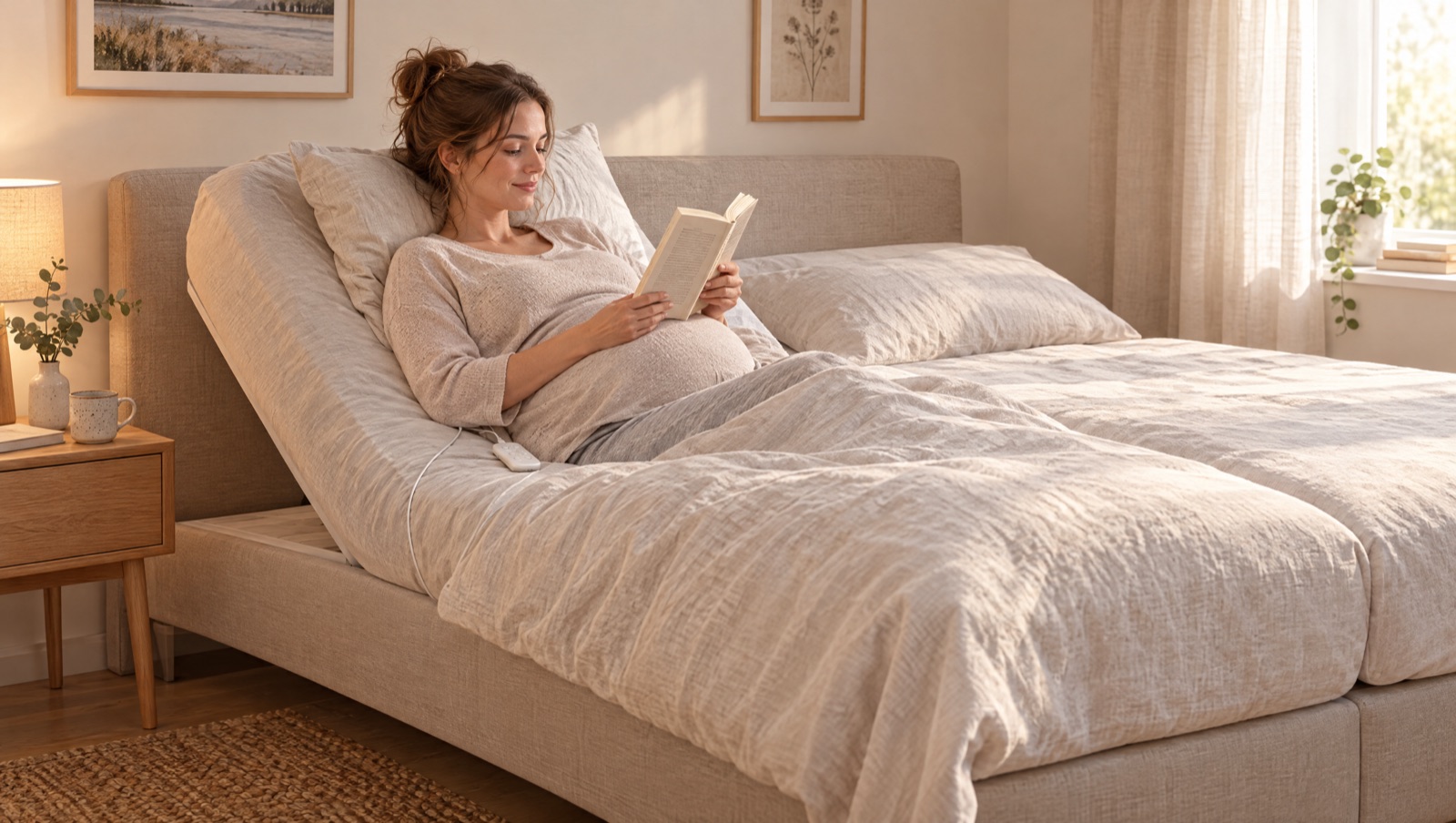 Ilustración: mujer embarazada leyendo en la cama, con su lado elevado por el CosyLift